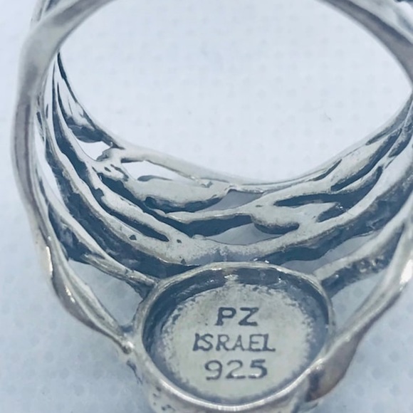 ‘PZ ISRAEL’ Silver, Lab Created Doublet Opal, Wired Leaf Motif Ring, Size 10 - Picture 7 of 8